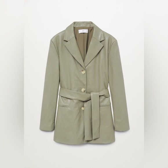 NWT Mango Leather-effect faux leather suit jacket with belt - Picture 6 of 11